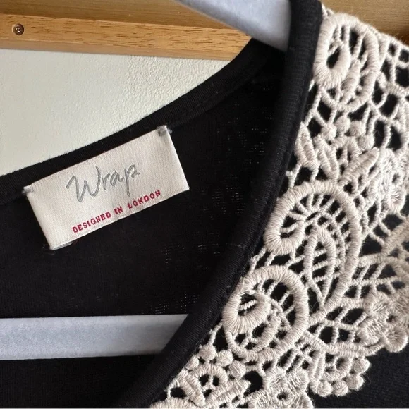 Wrap London Black Long Sleeve Dress with White Lace Collar and Pockets- size L - Picture 3 of 8
